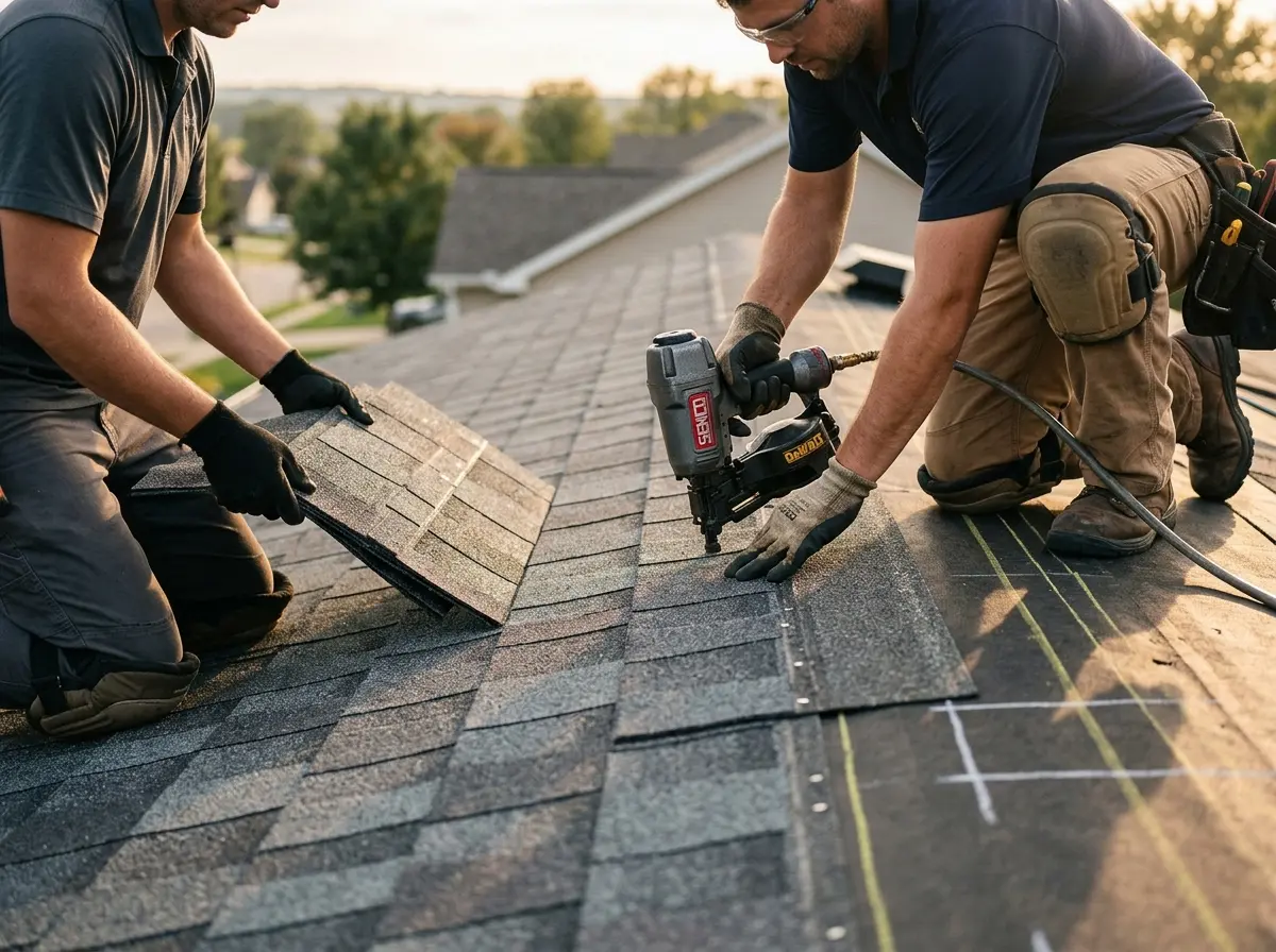 Professional roofer working on a residential roof in Wilna